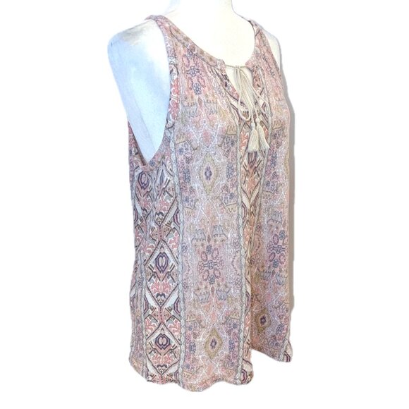 Rachel Zoe | 100% Linen Tassel Tank Top Pink & Beige Motif | Size Medium - Picture 4 of 11